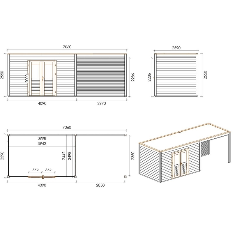 Casetta da giardino in legno Nova 7.06x2.59 m - 18.29 m2 - 28 mm - impregnata
