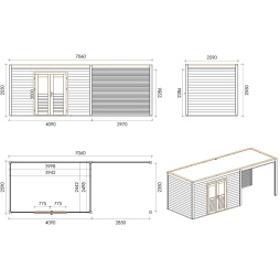 Casetta da giardino in legno Nova 7.06x2.59 m - 18.29 m2 - 28 mm - impregnata