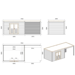 Casetta da giardino in legno Nova 7.06x3.09 m - 21.82 m2 - 28 mm - impregnata