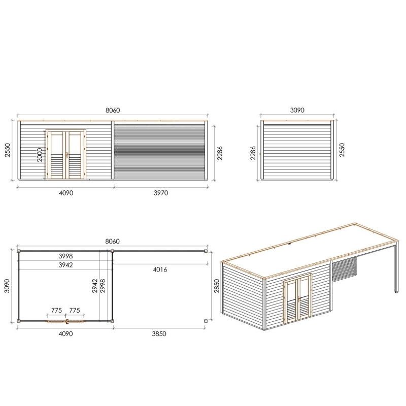 Casetta da giardino in legno Nova 8.06x3.09 m - 24.91 m2 - 28 mm - impregnata