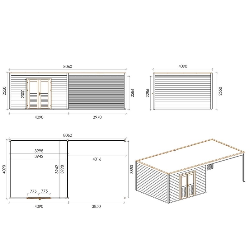 Casetta da giardino in legno Nova 8.06x4.09 m - 32.96 m2 - 28 mm - impregnata