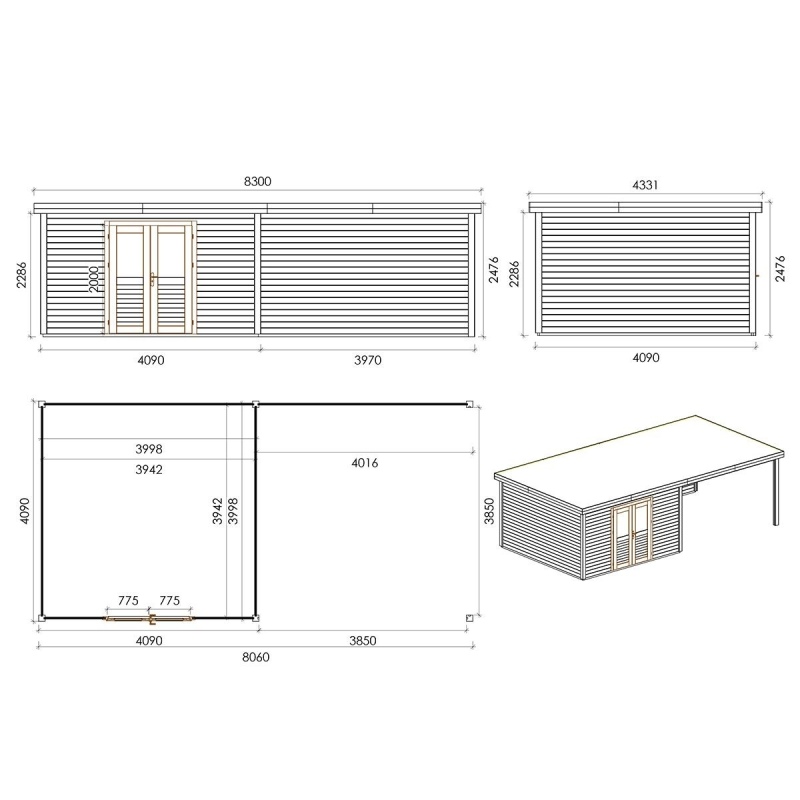 Casetta da giardino in legno Freya 8.06x4.09 m - 32.96 m2 - 28 mm - impregnata