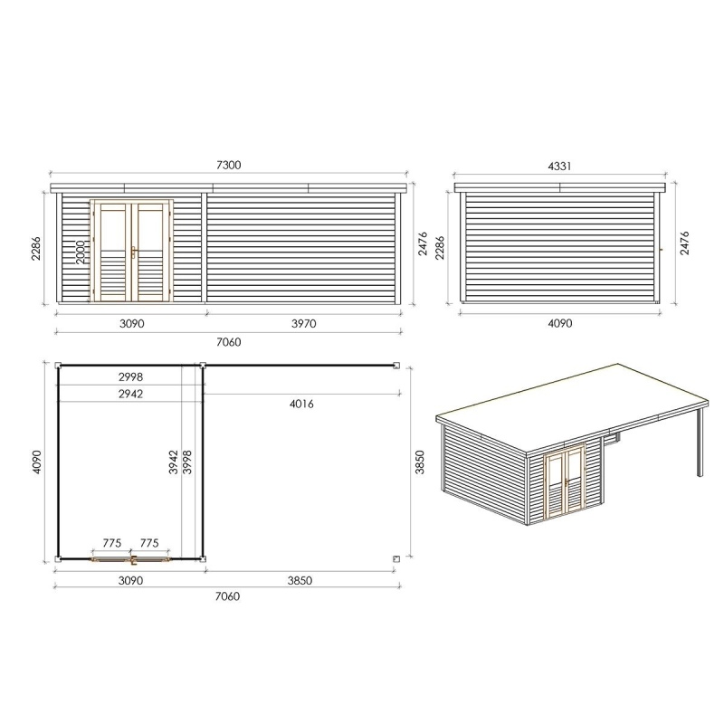 Casetta da giardino in legno Aura 7.06x4.09 m - 28.87 m2 - 28 mm - impregnata
