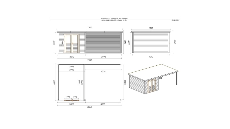 Casetta da giardino in legno Aura 7.06x4.09 m - 28.87 m2 - 28 mm - impregnata