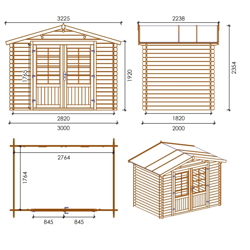 Casetta da giardino in legno - 6m2 - 3x2m - 28mm - colore: naturale