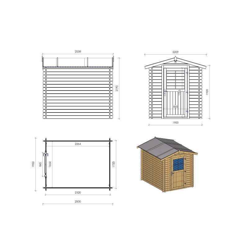 Casetta da giardino in legno - 4.75m2 - 1.9x2.5m - 28mm - colore: naturale