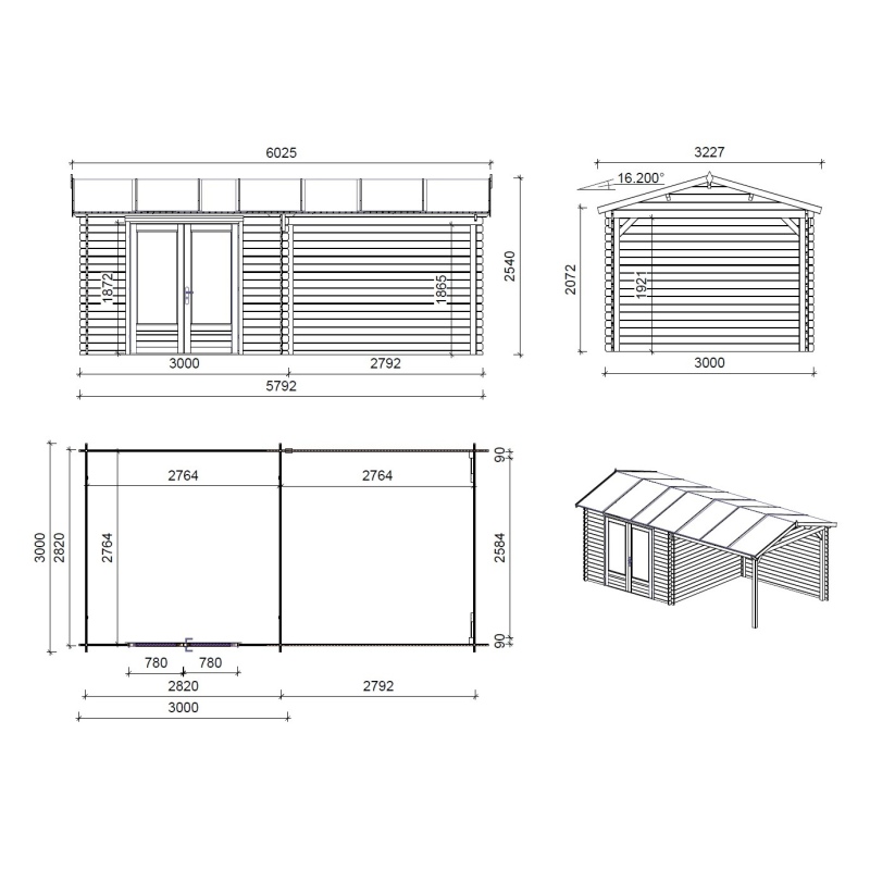 Casetta da giardino in legno - 17.4m2 - 5.79x3m - 28mm - colore: naturale
