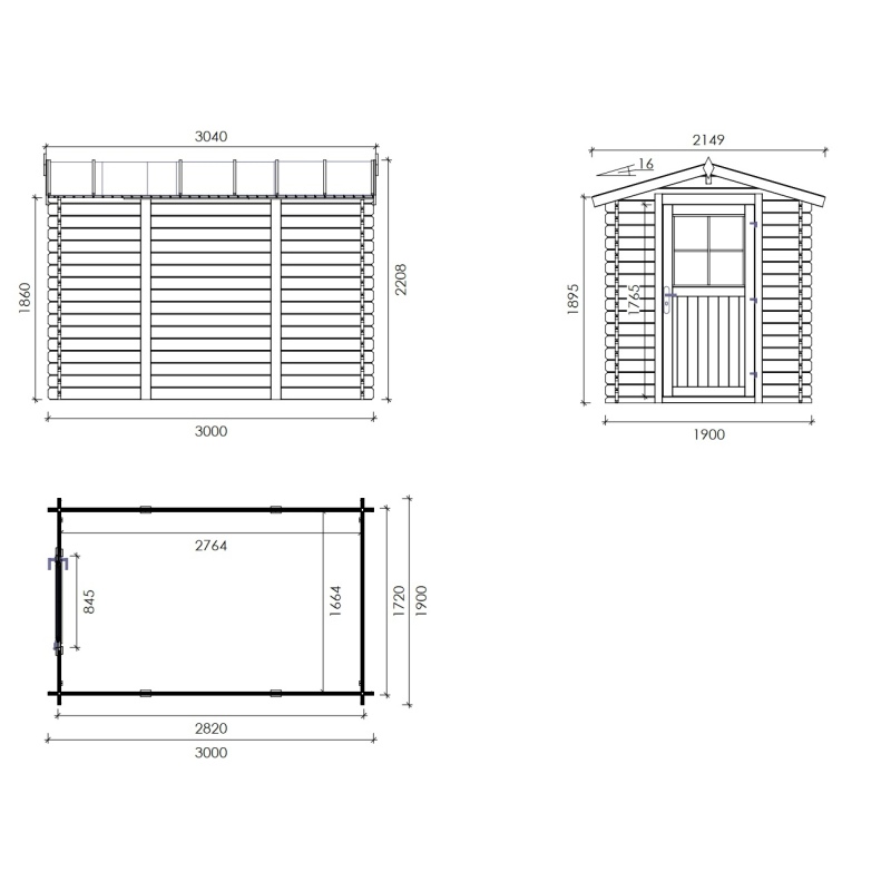Casetta da giardino in legno - 5.7m2 - 1.9x3m - 28mm - colore: naturale