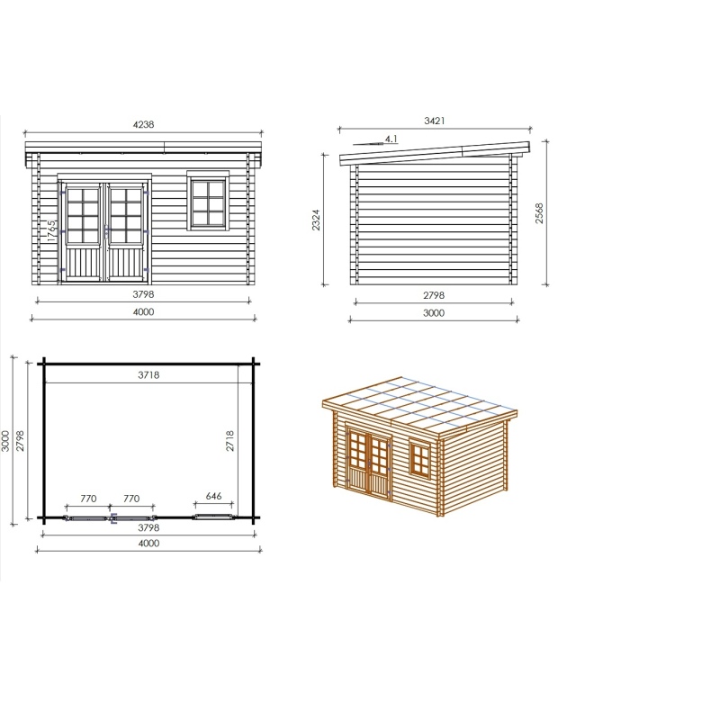 Casetta da giardino in legno - 12m2 - 4x3m - impregnata - 40mm - colore: verde