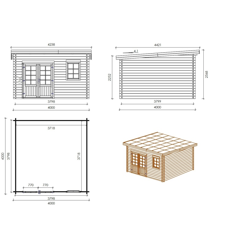 Casetta da giardino in legno - 16m2 - 4x4m - impregnata - 40mm - colore: 