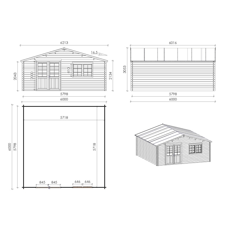 Casetta da giardino in legno con veranda e tettoia - 48m2 - 6x6m - 40mm - colore: 