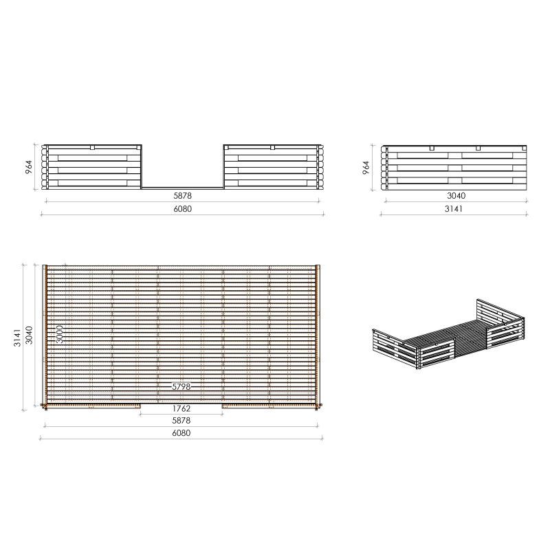 Casetta da giardino in legno con veranda e tettoia - 54m2 - 6x6m - 40mm - colore: naturale