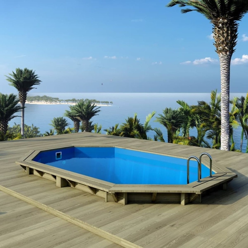 Piscina in legno NEMO 4.3 x 3 - H.1.18 m, azzurro chiaro, con supporti fissati al calcestruzzo
