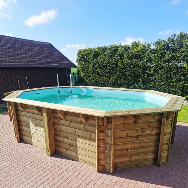 Piscina in legno NEMO 4.3 x 3 - H.1.18 m, azzurro chiaro, con supporti fissati al calcestruzzo