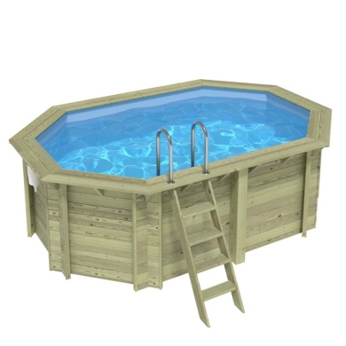 Piscina in legno NEMO 4.3 x 3 - H.1.31 m, azzurro chiaro, con supporti fissati al calcestruzzo