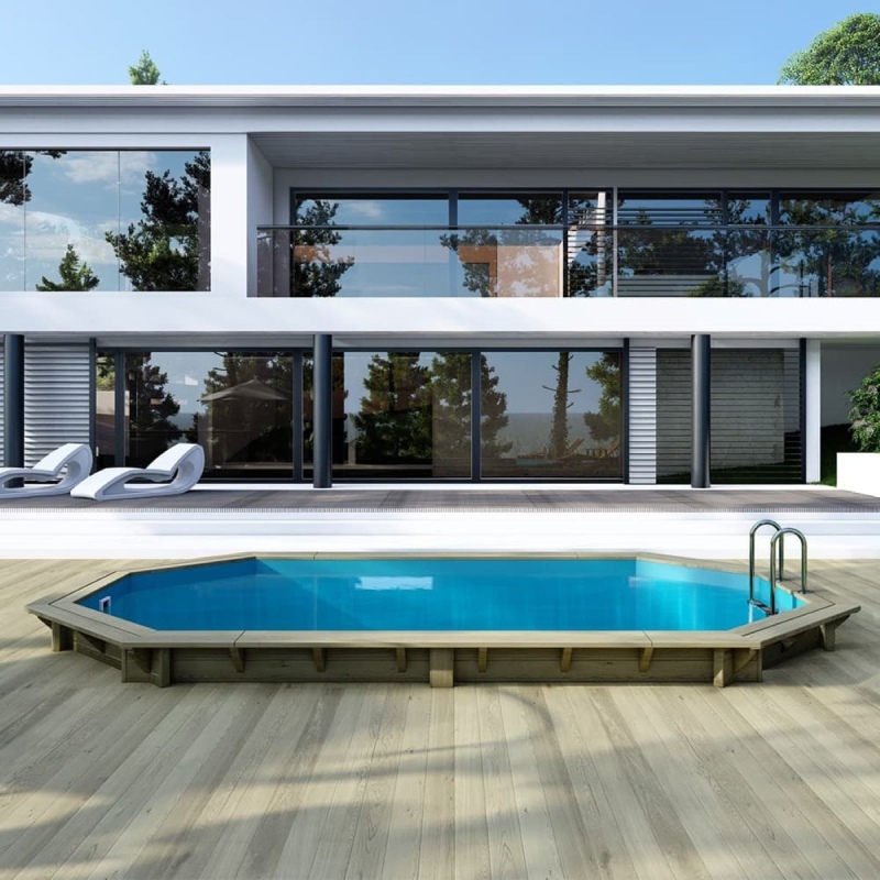 Piscina in legno NEMO 5.79 x 3.49 - H.1.45 m, azzurro chiaro, Su telaio - senza cementazione