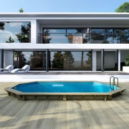 Piscina in legno NEMO 5.79 x 3.49 - H.1.45 m, azzurro chiaro, Su telaio - senza cementazione