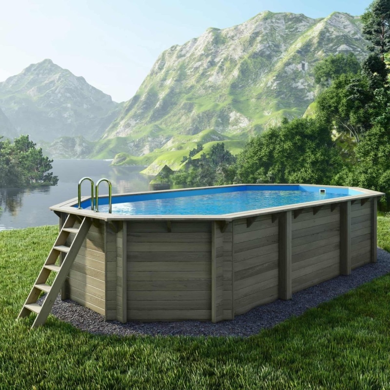 Piscina in legno NEMO 7.3 x 3.97 - H.1.45 m, azzurro chiaro, con supporti fissati al calcestruzzo
