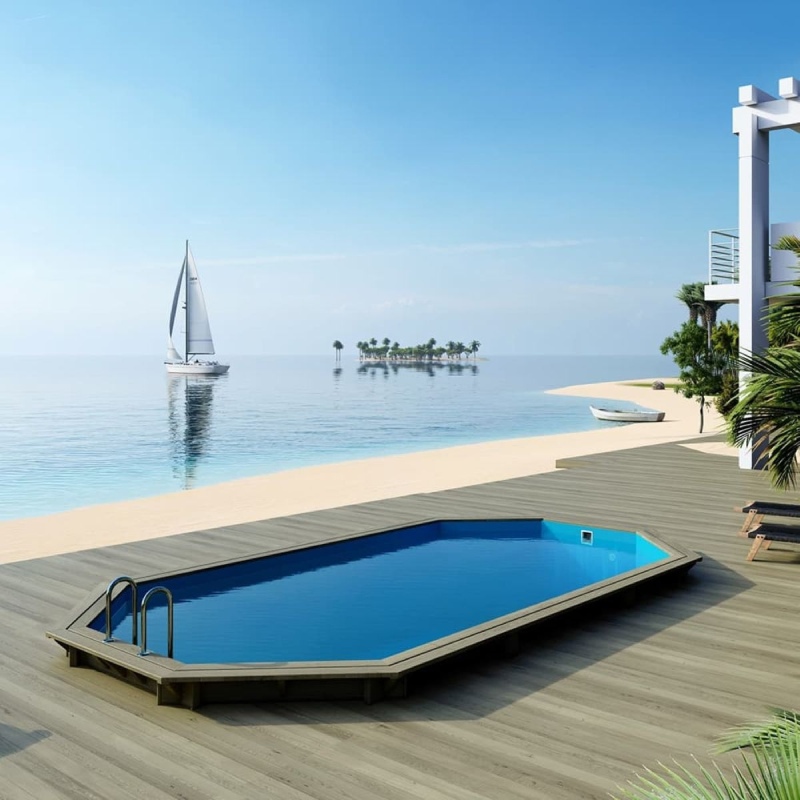 Piscina in legno NEMO 7.3 x 3.97 - H.1.45 m, azzurro chiaro, con supporti fissati al calcestruzzo