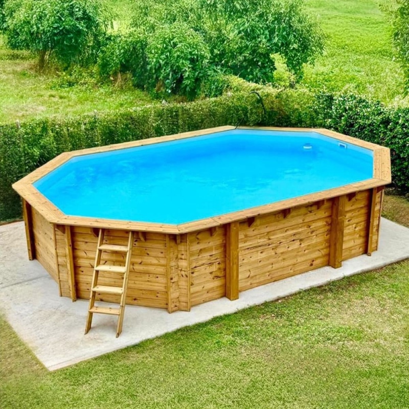 Piscina in legno NEMO 7.3 x 3.97 - H.1.45 m, azzurro chiaro, con supporti fissati al calcestruzzo