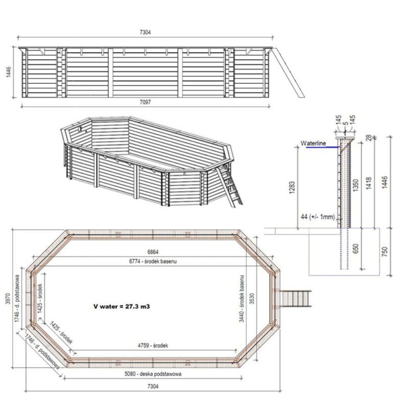 Piscina in legno NEMO 7.3 x 3.97 - H.1.45 m, azzurro chiaro, Su telaio - senza cementazione