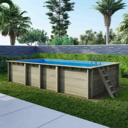 Piscina in legno AQUA 7 x 3.75 - H.1.45 m, azzurro chiaro, con supporti fissati al calcestruzzo