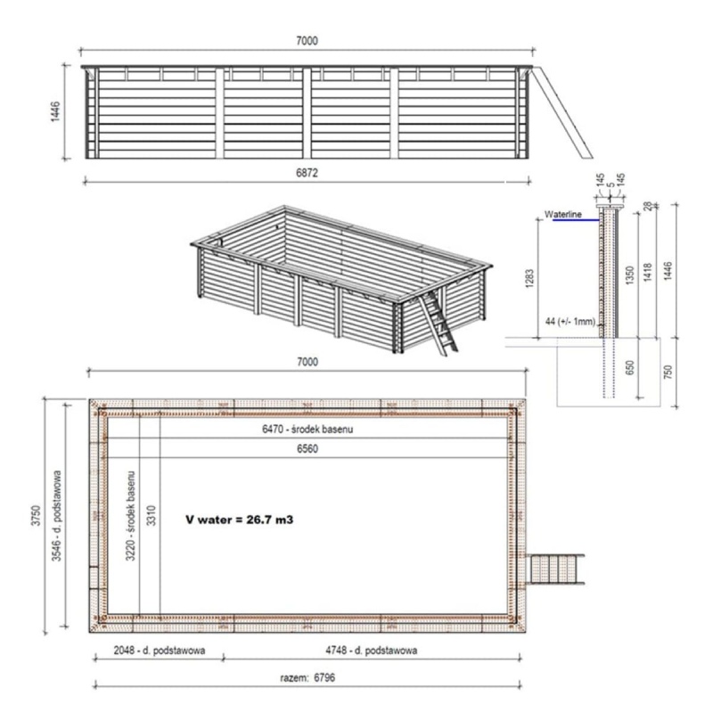 Piscina in legno AQUA 7 x 3.75 - H.1.45 m, azzurro chiaro, Su telaio - senza cementazione