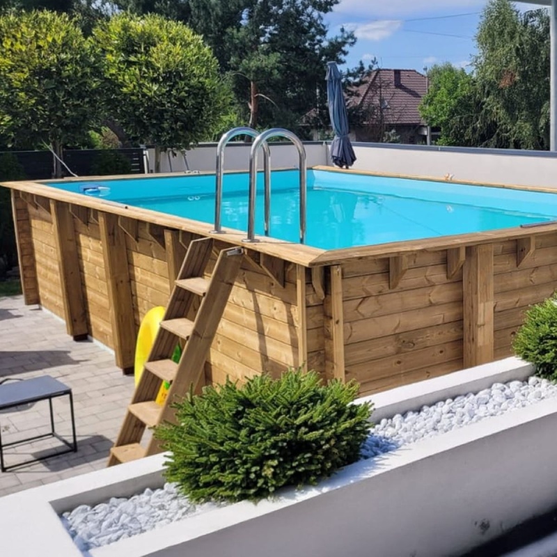 Piscina in legno AQUA 8.5 x 4.35 - H.1.45 m, grigio, con supporti da cementare