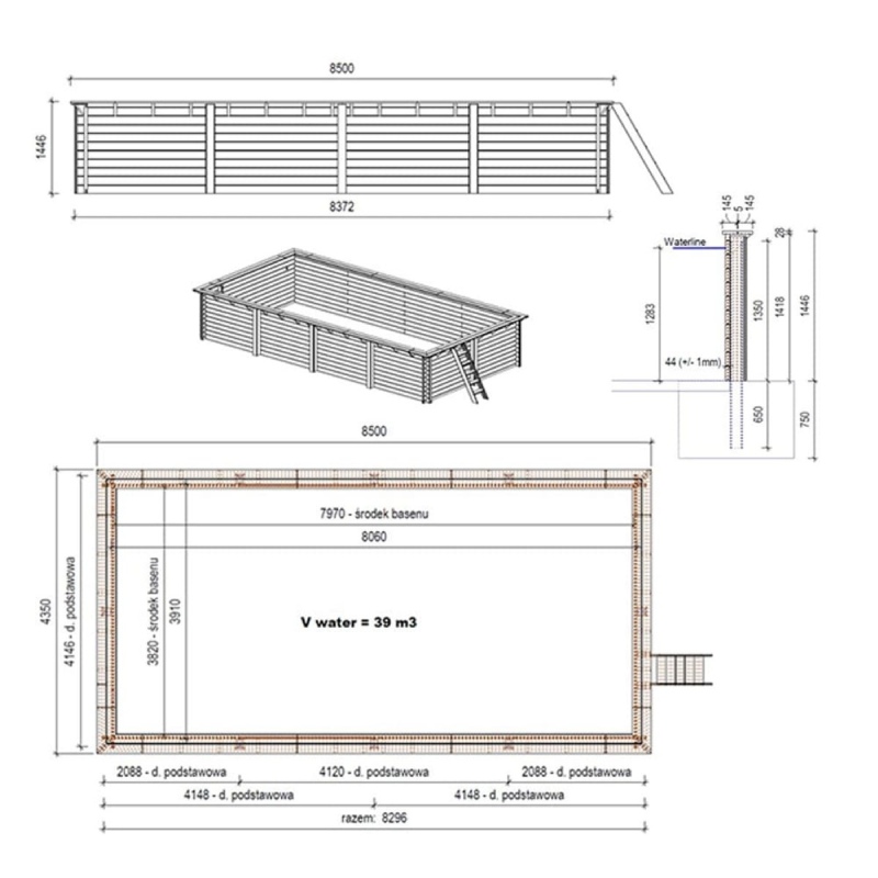 Piscina in legno AQUA 8.5 x 4.35 - H.1.45 m, sabbia, con supporti da cementare