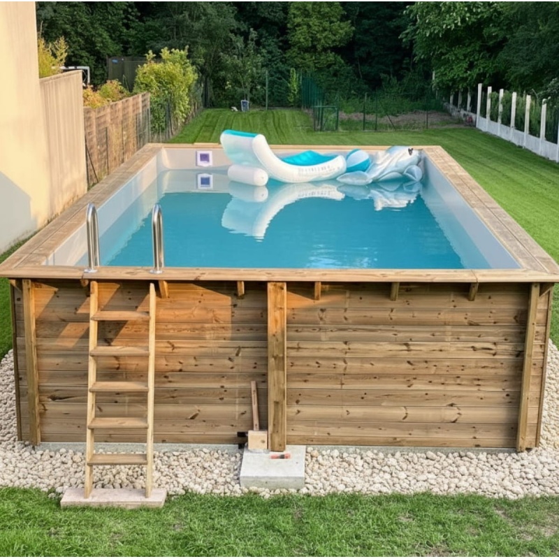 Piscina in legno AQUA 8.5 x 4.35 - H.1.45 m, grigio, con supporti fissati al calcestruzzo