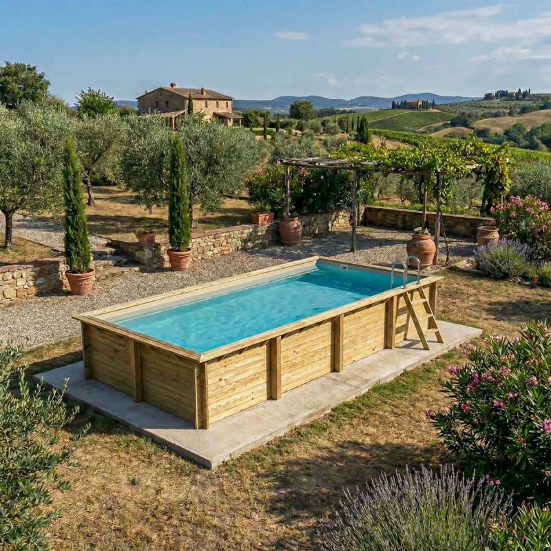 Piscina in legno AQUA 8.5 x 4.35 - H.1.45 m, sabbia, con supporti fissati al calcestruzzo