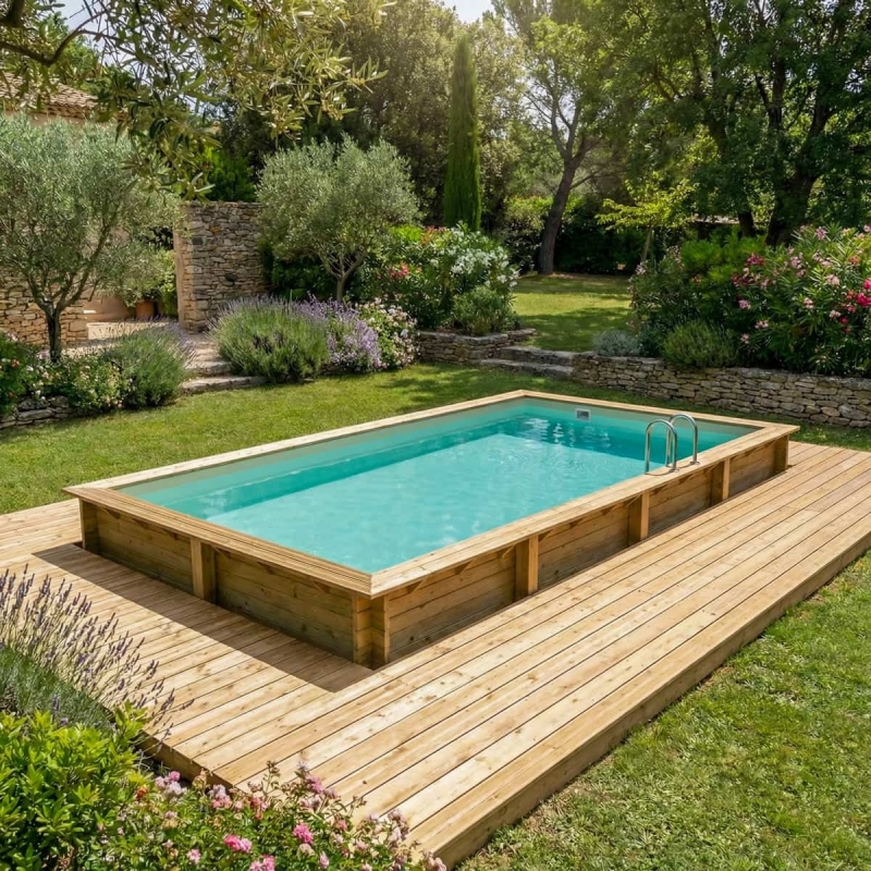 Piscina in legno AQUA 8.5 x 4.35 - H.1.45 m, sabbia, Su telaio - senza cementazione