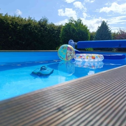 Piscina in legno AQUA 8.5 x 4.35 - H.1.45 m, sabbia, Su telaio - senza cementazione