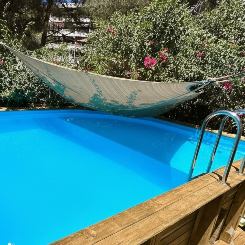 Piscina in legno NEMO 4.3 x 3 – H.1.18 m con spiaggia, azzurro chiaro, con supporti da cementare