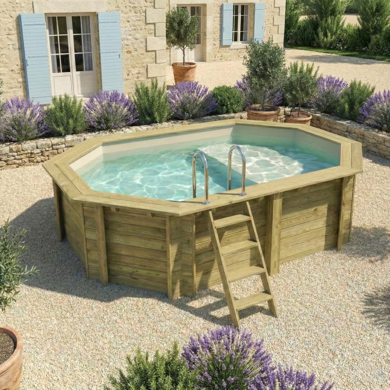 Piscina in legno NEMO 4.3 x 3 – H.1.18 m con spiaggia, sabbia, con supporti da cementare