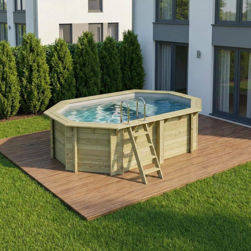 Piscina in legno NEMO 4.3 x 3 – H.1.18 m con spiaggia, grigio, con supporti da cementare