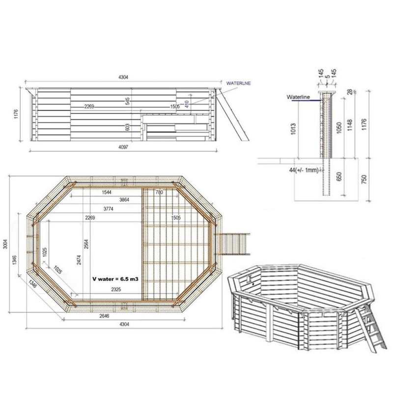 Piscina in legno NEMO 4.3 x 3 – H.1.18 m con spiaggia, grigio, con supporti da cementare