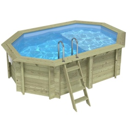 Piscina in legno NEMO 4.3 x 3 – H.1.18 m con spiaggia, azzurro chiaro, con supporti fissati al calcestruzzo