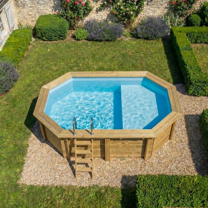 Piscina in legno NEMO 4.3 x 3 – H.1.18 m con spiaggia, azzurro chiaro, con supporti fissati al calcestruzzo