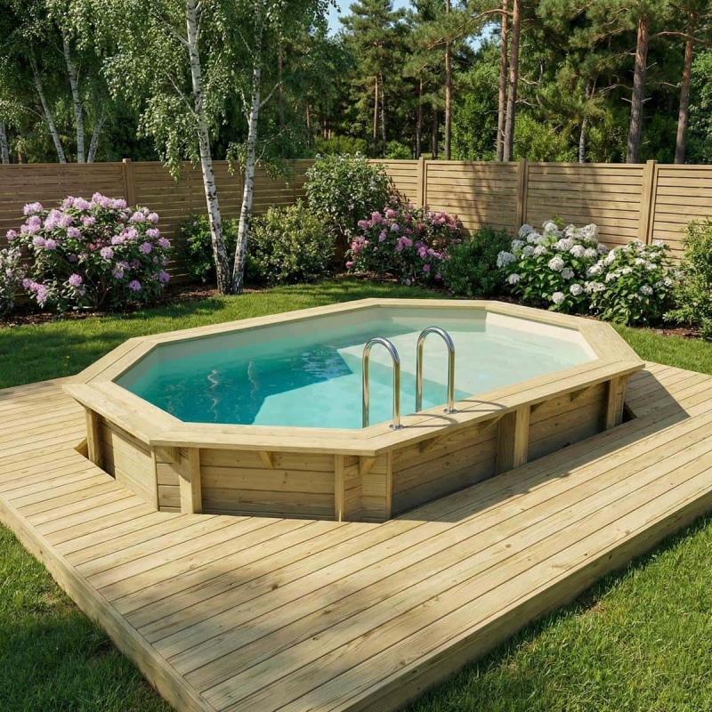 Piscina in legno NEMO 4.3 x 3 – H.1.18 m con spiaggia, sabbia, con supporti fissati al calcestruzzo