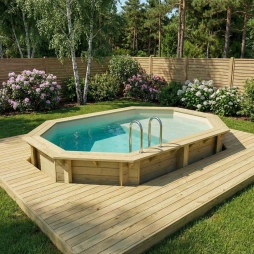 Piscina in legno NEMO 4.3 x 3 – H.1.18 m con spiaggia, sabbia, con supporti fissati al calcestruzzo