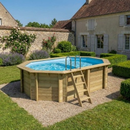 Piscina in legno NEMO 4.3 x 3 – H.1.18 m con spiaggia, azzurro chiaro, Su telaio - senza cementazione