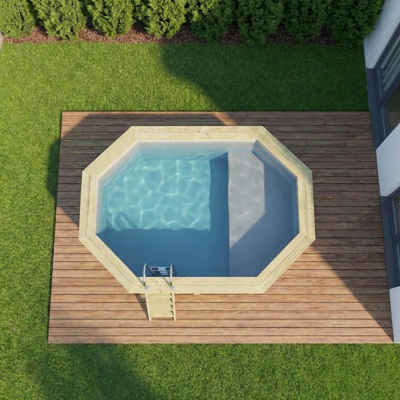 Piscina in legno NEMO 4.3 x 3 – H.1.18 m con spiaggia, grigio, Su telaio - senza cementazione