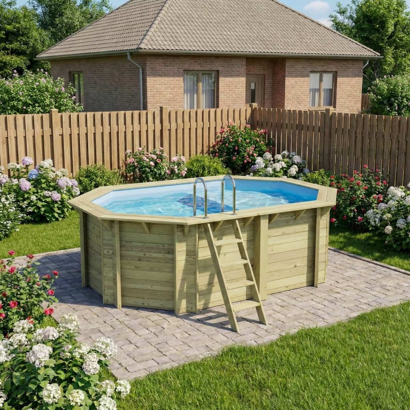 Piscina in legno NEMO 4.3 x 3 – H.1.31 m con spiaggia, azzurro chiaro, con supporti da cementare