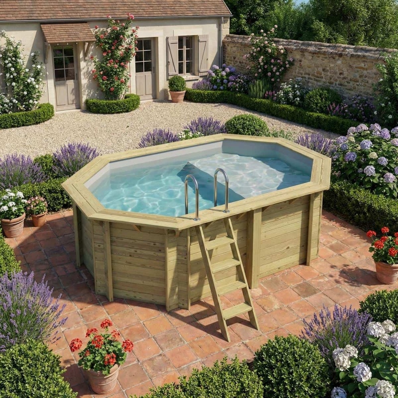 Piscina in legno NEMO 4.3 x 3 – H.1.31 m con spiaggia, grigio, con supporti da cementare