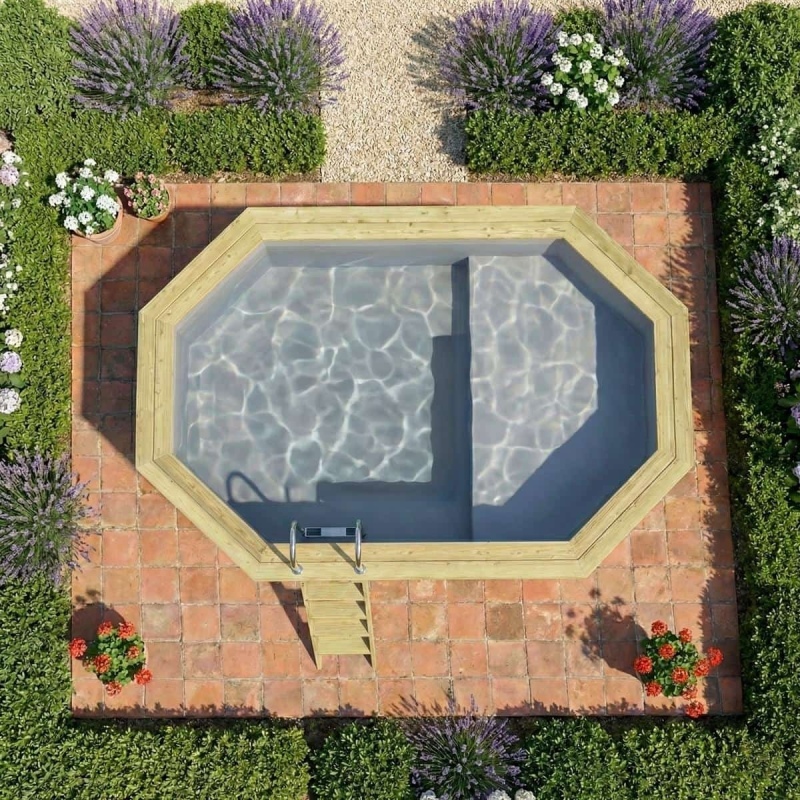 Piscina in legno NEMO 4.3 x 3 – H.1.31 m con spiaggia, grigio, con supporti da cementare