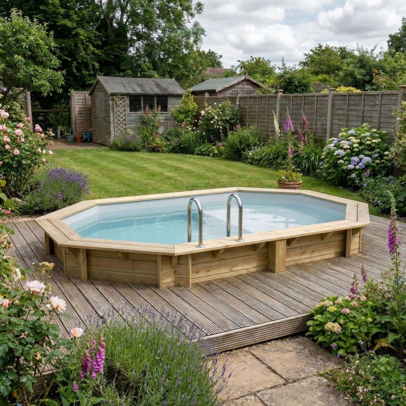 Piscina in legno NEMO 4.3 x 3 – H.1.31 m con spiaggia, grigio, con supporti da cementare