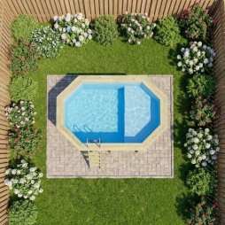 Piscina in legno NEMO 4.3 x 3 – H.1.31 m con spiaggia, azzurro chiaro, con supporti fissati al calcestruzzo