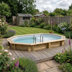 Piscina in legno NEMO 4.3 x 3 – H.1.31 m con spiaggia, grigio, con supporti fissati al calcestruzzo