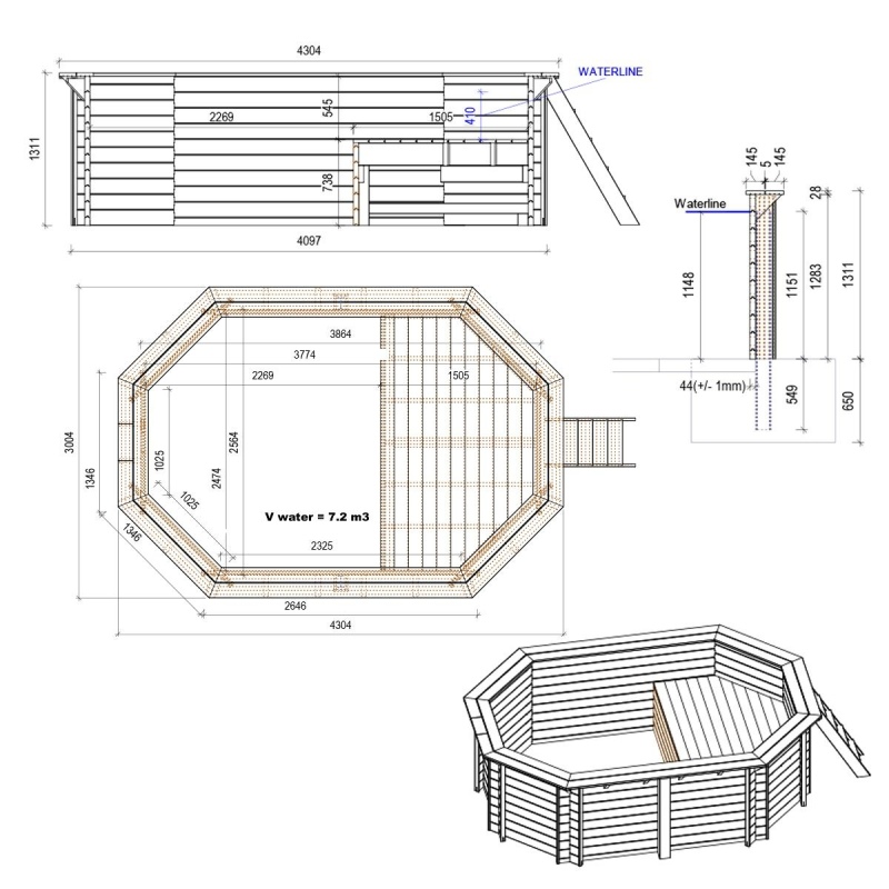 Piscina in legno NEMO 4.3 x 3 – H.1.31 m con spiaggia, sabbia, con supporti fissati al calcestruzzo